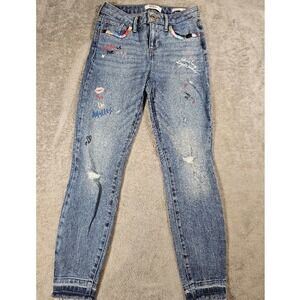 GUESS Y2K Embroidered Skinny Jeans Rainbow Loops Distressed Graffiti Coquette 25